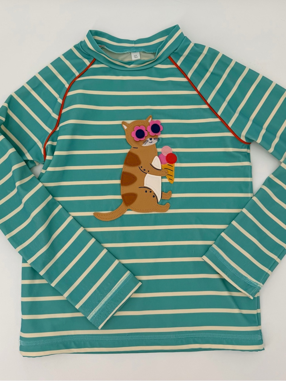 Mini Boden Teal and Cream Striped Rashguard with Cat Ice Cream Appliqué 6-7